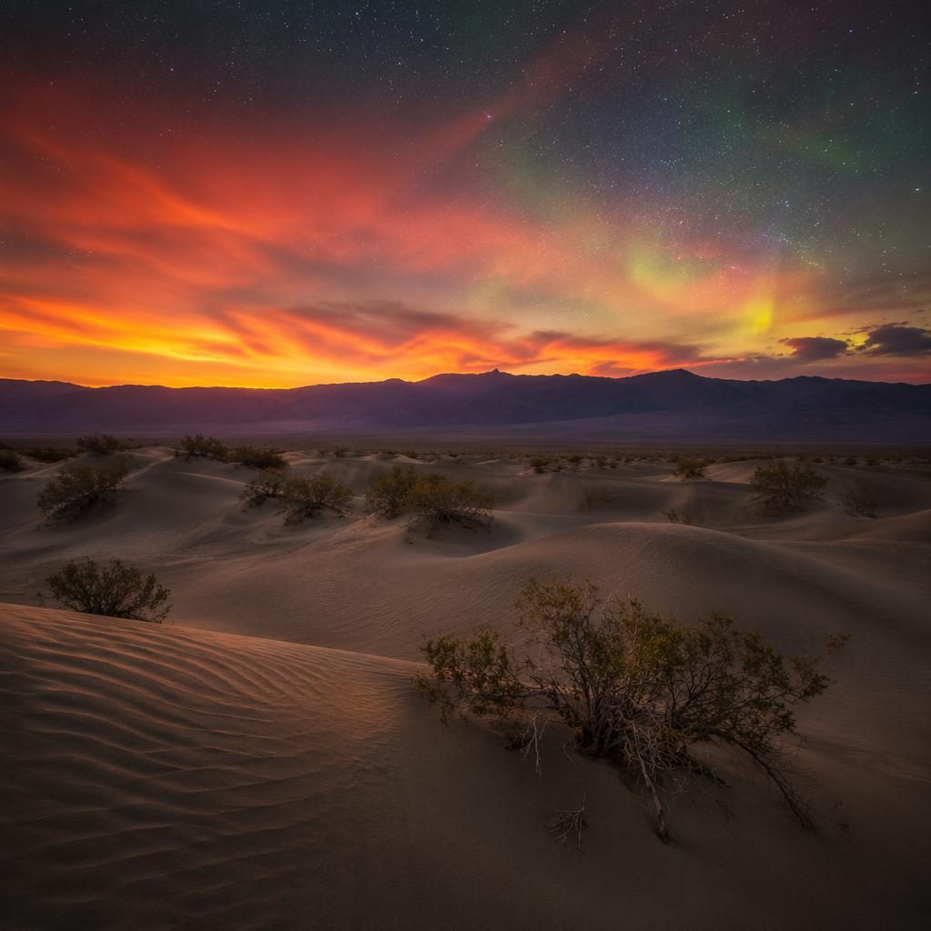 Aurora-lit night sky above Death Valley Mesquite Dunes at golden hour, with serene earth tones and sharp detail.
