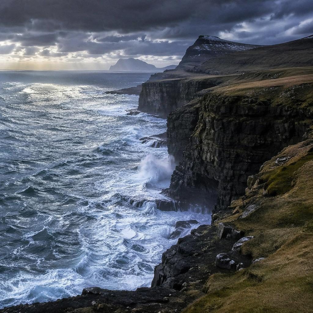 Falaises des îles Féroé au crépuscule, forêt dense hivernale, lumière bleue et argentée, atmosphère de tempête