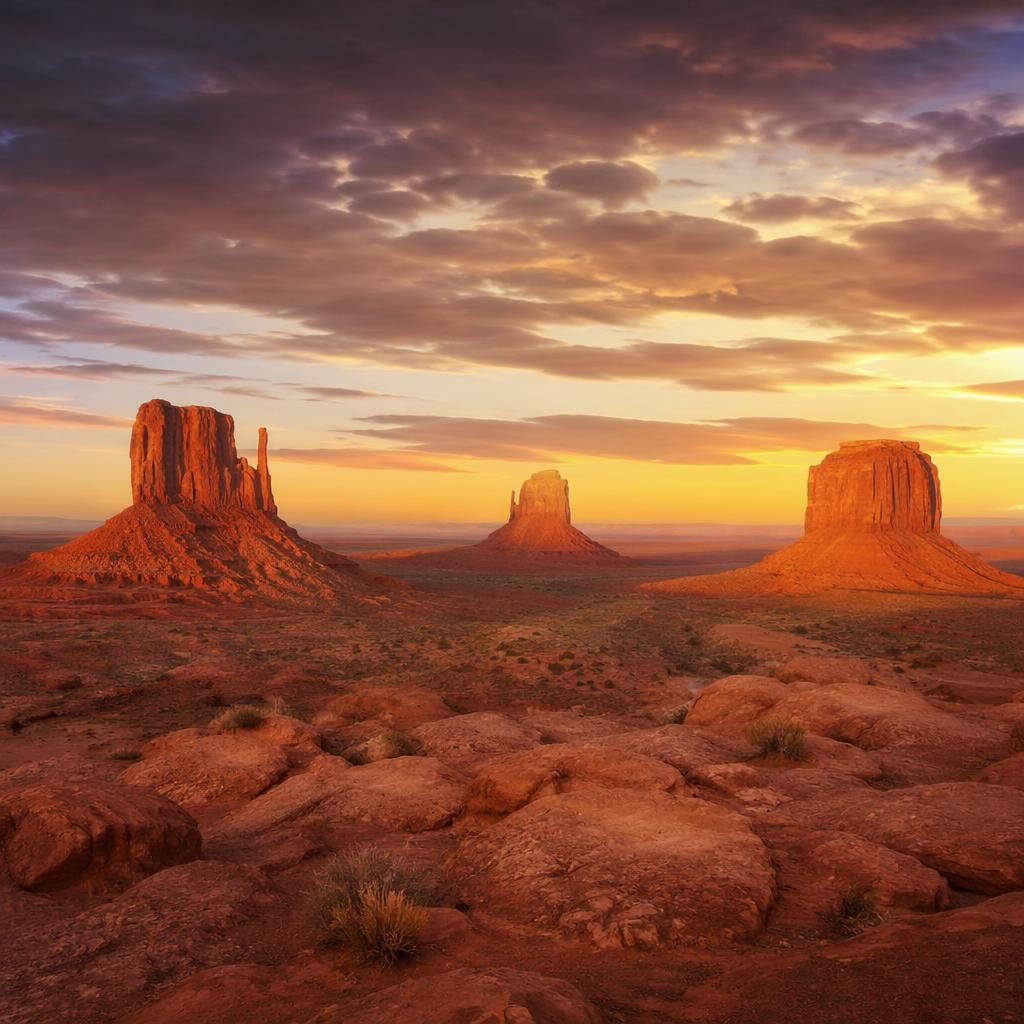 Photoreal view of Monument Valley red rock buttes at sunset under a clear sky with warm earth tones and sharp detail.