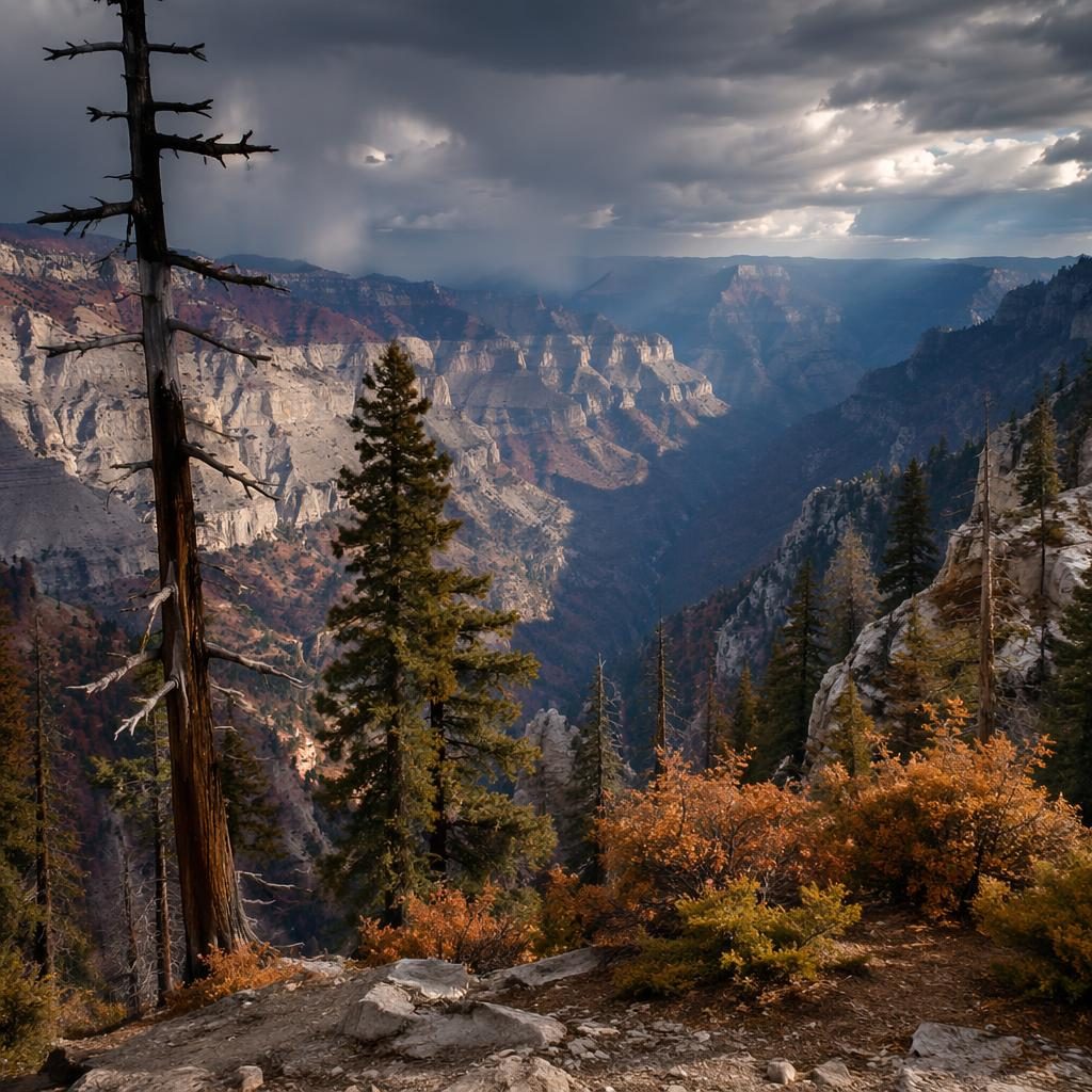 Photorealistic autumn canyon with giant sequoia trees, storm clouds, muted pastel tones, and dramatic atmospheric light.
