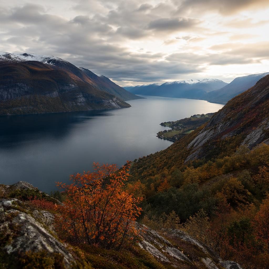 Photoreal landscape of a Norwegian fjord in summer under the midnight sun, with calm water, rugged mountains, and soft atmospheric light.