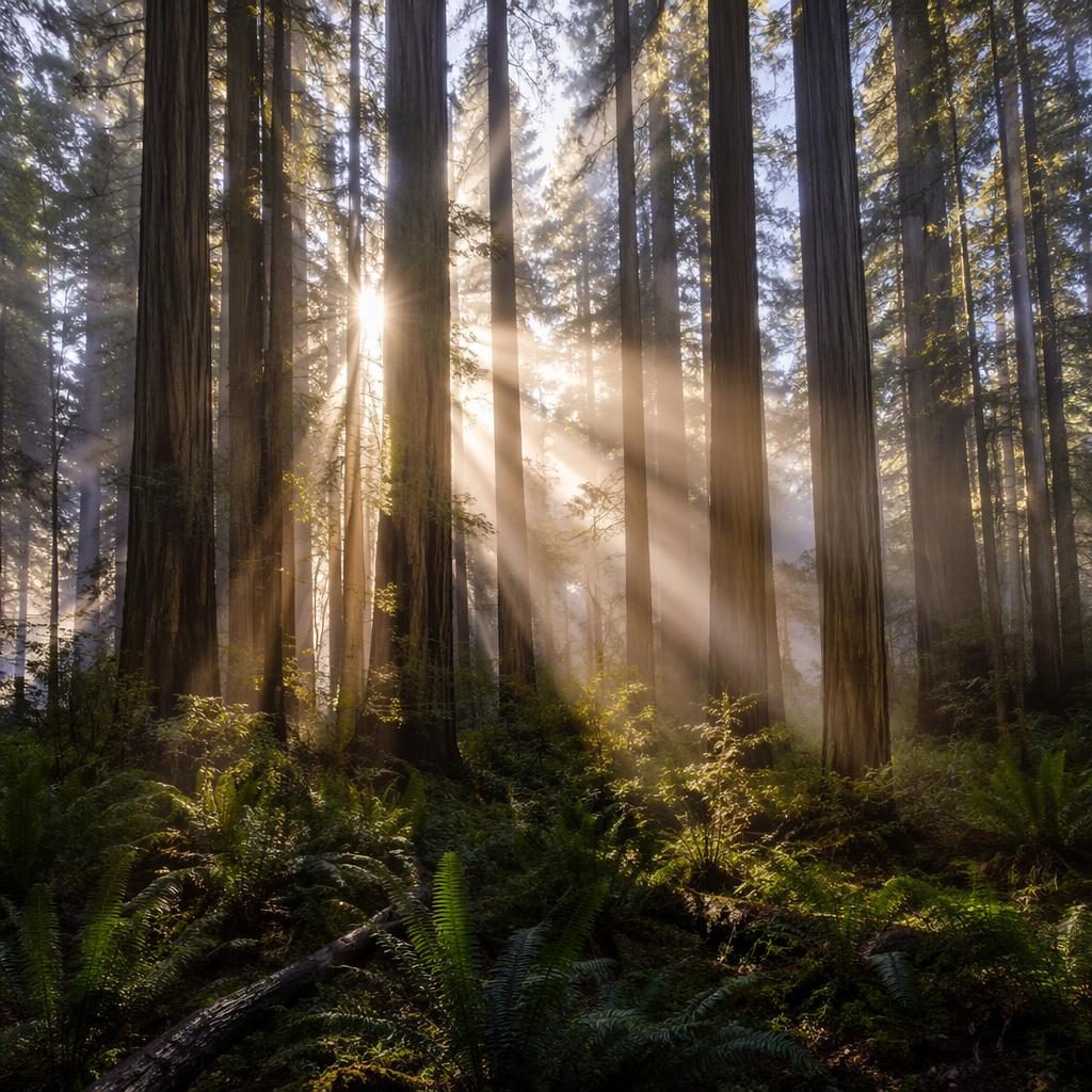 Sunbeams stream through a redwood forest at winter sunrise with sharp focus, dramatic light, and a photoreal look.