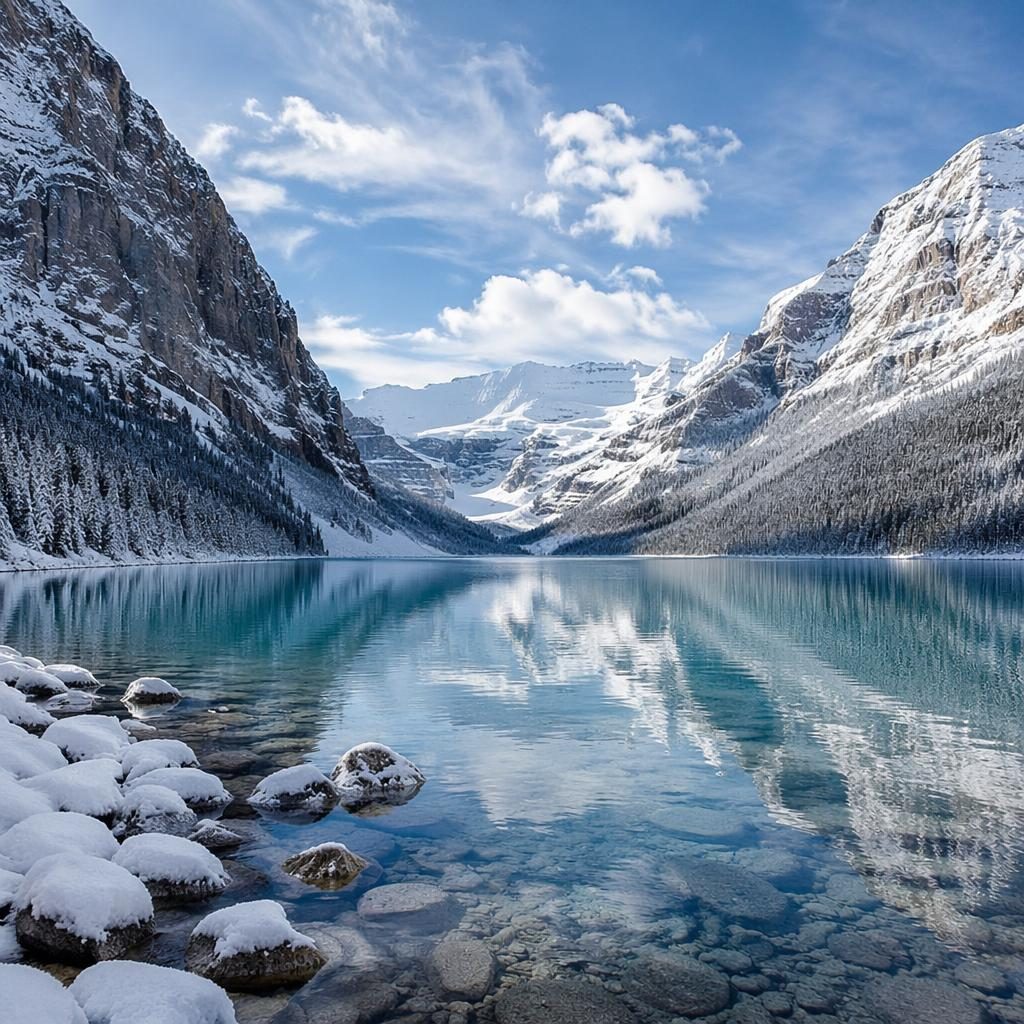 Turquoise lake with snowy mountain shore under clear midday light, painterly soft landscape, sharp focus