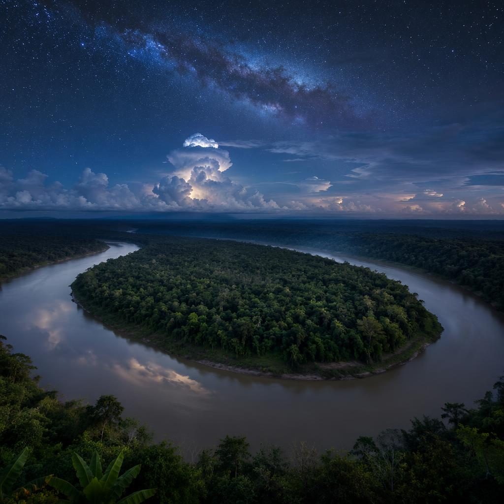 Vista aérea de una curva del río Amazonas con cascada, cielo estrellado y vía láctea en tonos azules y plata