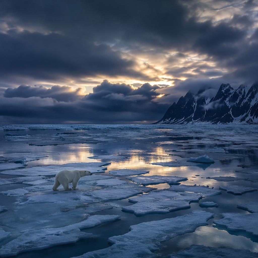 Photoreal arctic polar bear on ice beside a dense winter forest at dusk in cool blue and silver light.