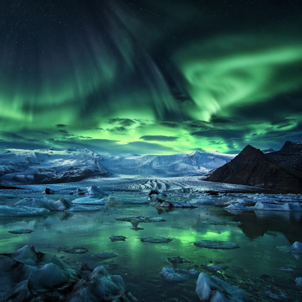 Green aurora over an Iceland glacier with snowy mountains, stormy sky, and dramatic pastel light