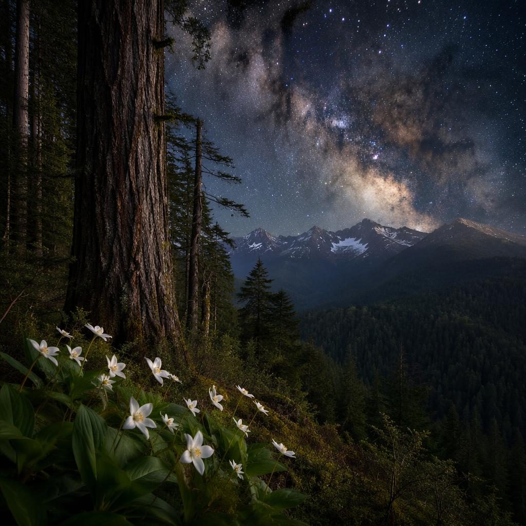 Old-growth redwood in Olympic National Park rainforest under the Milky Way at night, with soft spring light and earth tones.