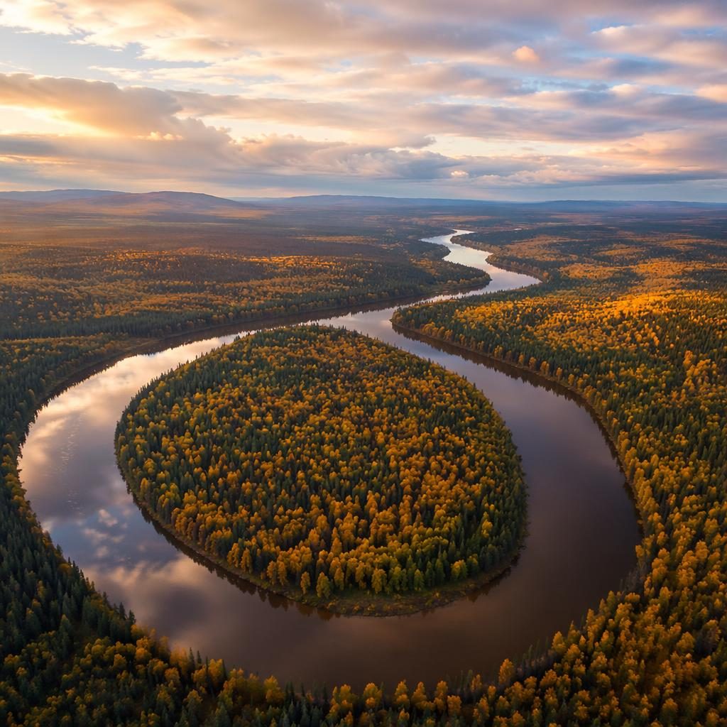 Aerial view of a winding Amazon River bend at golden hour with muted pastel light, atmospheric haze, and lush forest.