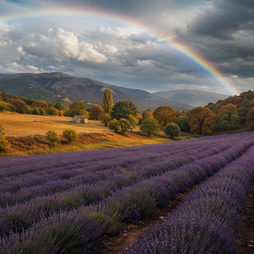 Rainbow after rain over autumn lavender fields in a soft overcast valley with dramatic atmospheric light