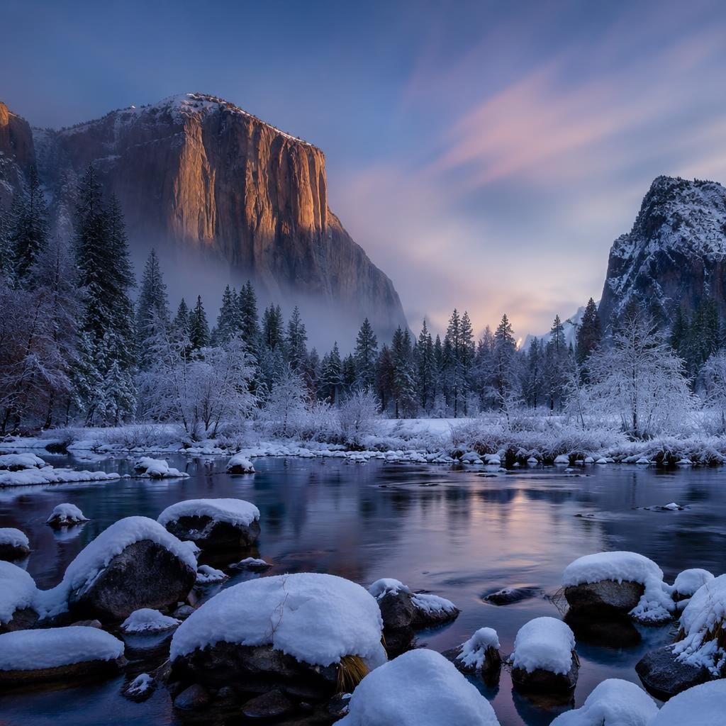 Bosque denso invernal en Yosemite Valley con El Capitán al amanecer, luz fría azul y plateada, atmósfera nítida.