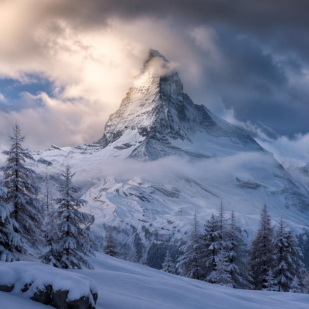 Snow-covered Alpine peak rising above winter pine trees under dramatic storm clouds with crisp natural light
