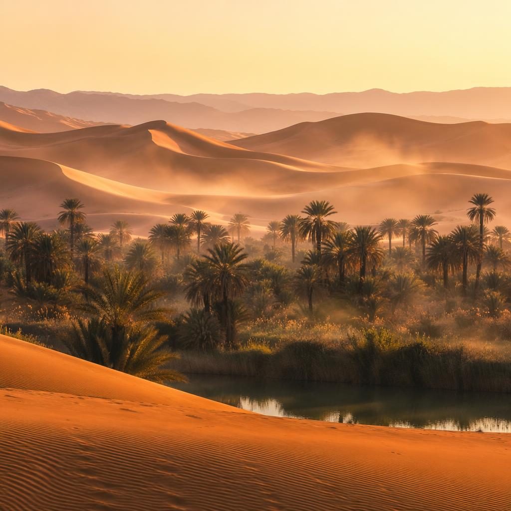 Oasis del desierto de Marruecos con dunas suaves, niebla matinal y luz dramática en un paisaje sereno y minimalista