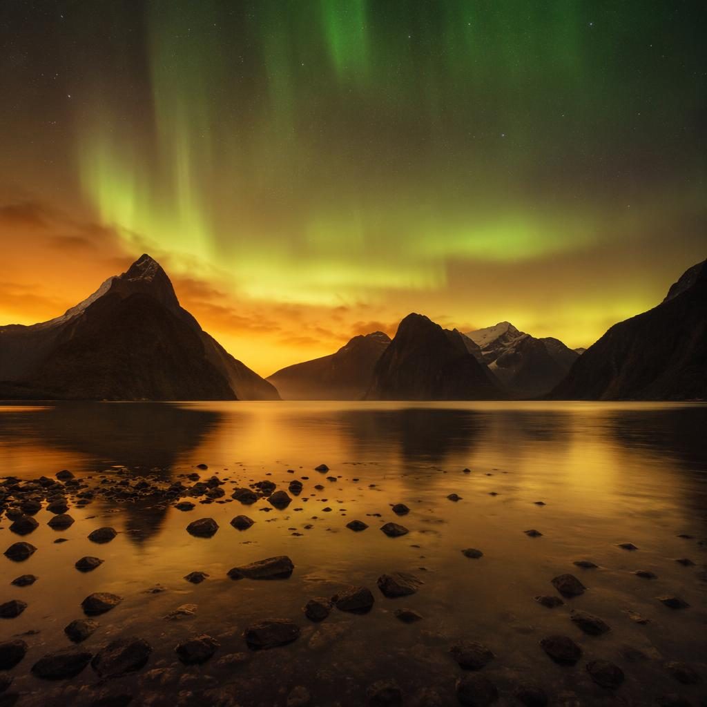 Fjord dramatique de Milford Sound sous une aurore, ciel de coucher doré, reliefs sombres et lumière atmosphérique