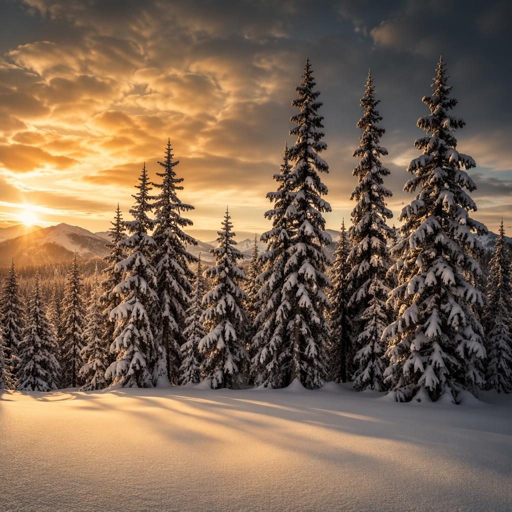 Arctic ice at golden sunrise with a snow-covered pine forest, falling snow, and dramatic monochrome winter light