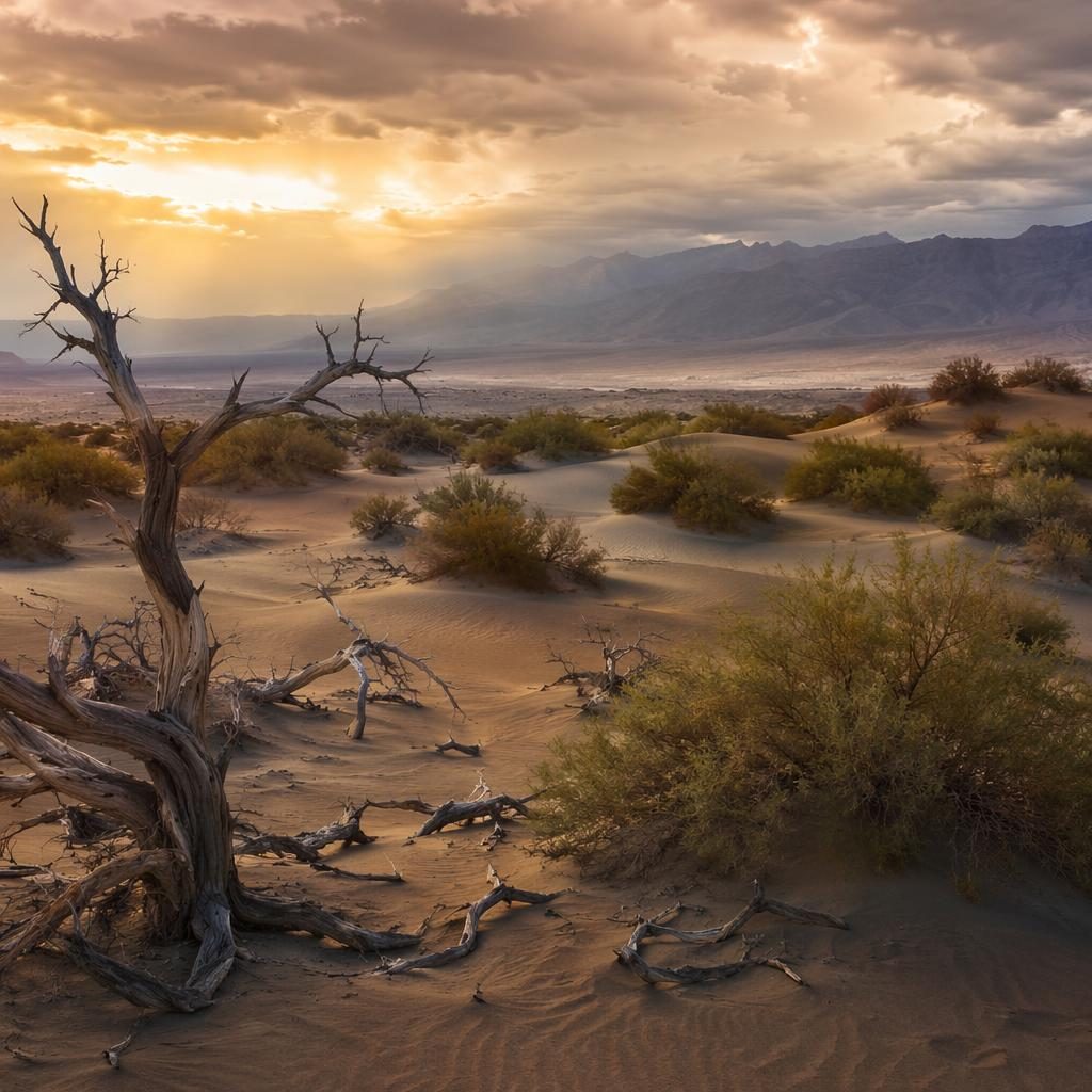 Mesquite dunes in Death Valley under soft overcast autumn light, with warm sunset tones and dramatic atmospheric depth.