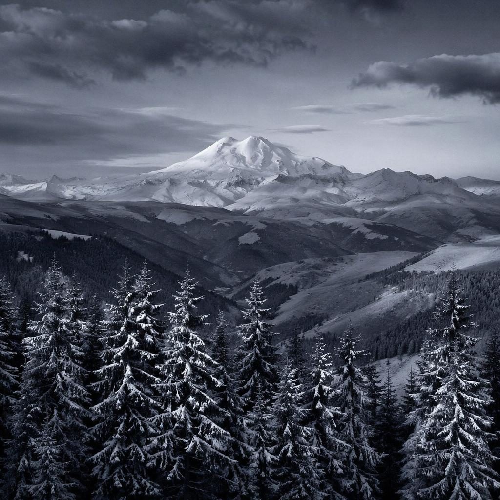 Monochrome landscape of rolling hills and snowy pine forest at blue hour twilight with dramatic atmospheric light.