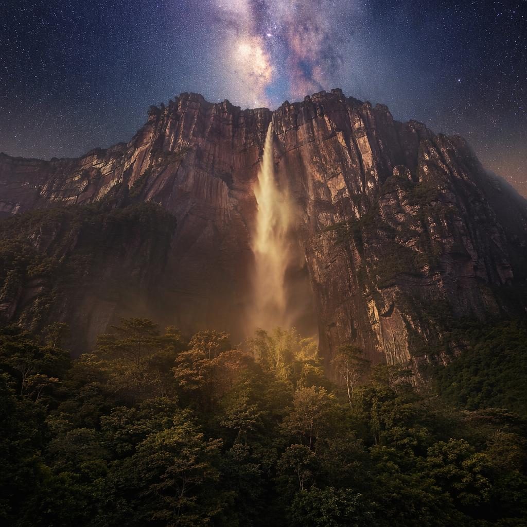 Photoreal landscape of Angel Falls, Venezuela with an old-growth redwood, Milky Way sky, and dramatic spring light