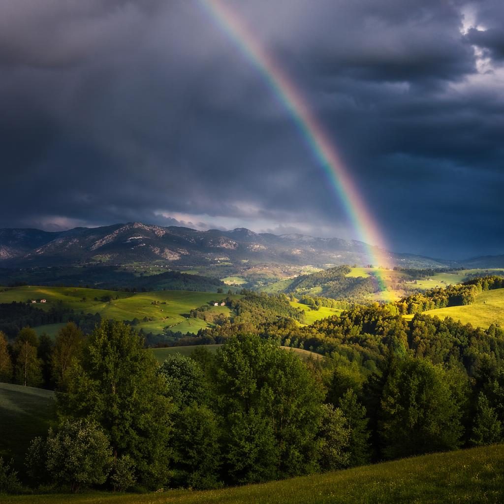 Regenbogen über einem Tal mit sanften Hügeln in der blauen Stunde, nach Regen, kontrastreiche monochrome Naturaufnahme