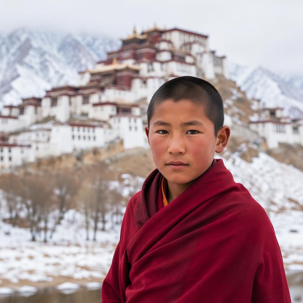 Snow-covered Tibetan Plateau monastery in winter with soft fog, dramatic light, and sharp mountain landscape.