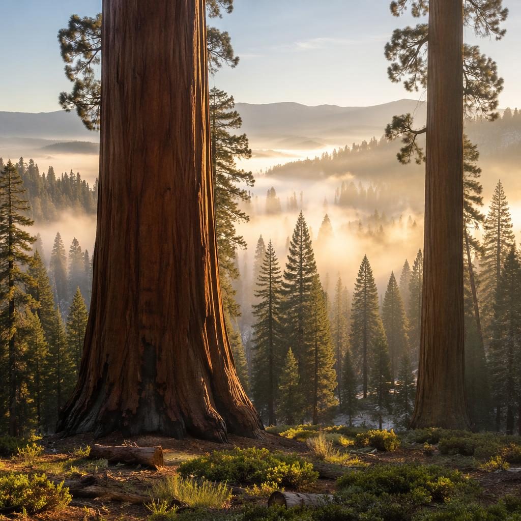 Foggy morning desert sand dunes with giant sequoia trees, warm light, sharp focus, and dramatic atmospheric landscape