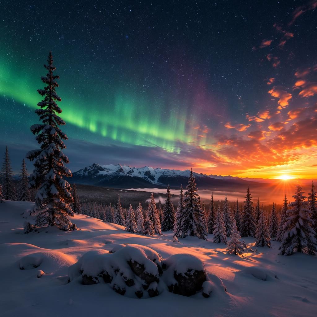 Polarlicht über einem verschneiten Kiefernwald bei goldenem Sonnenuntergang, mit dramatischem Himmel und scharfem Fokus.