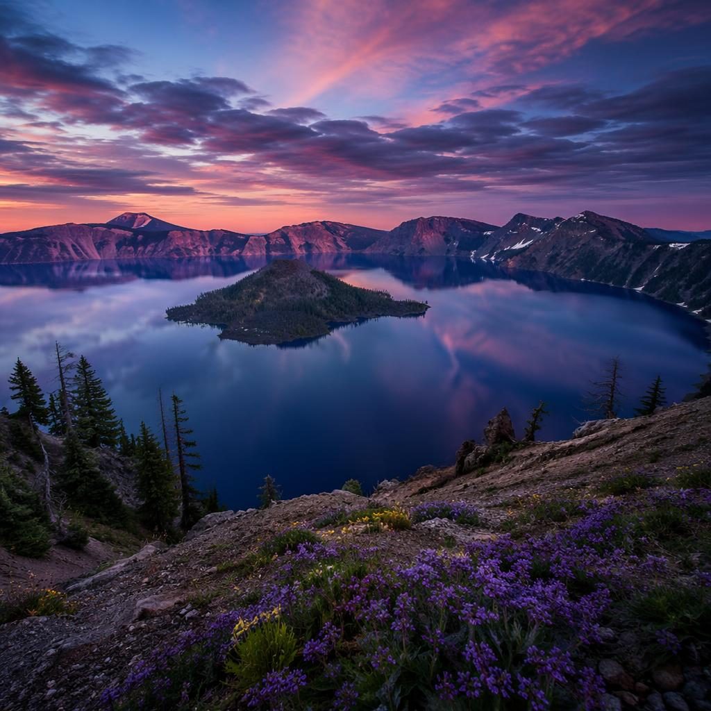 Blue hour landscape of a clear blue crater lake in a volcanic caldera with spring tones and dramatic twilight sky.