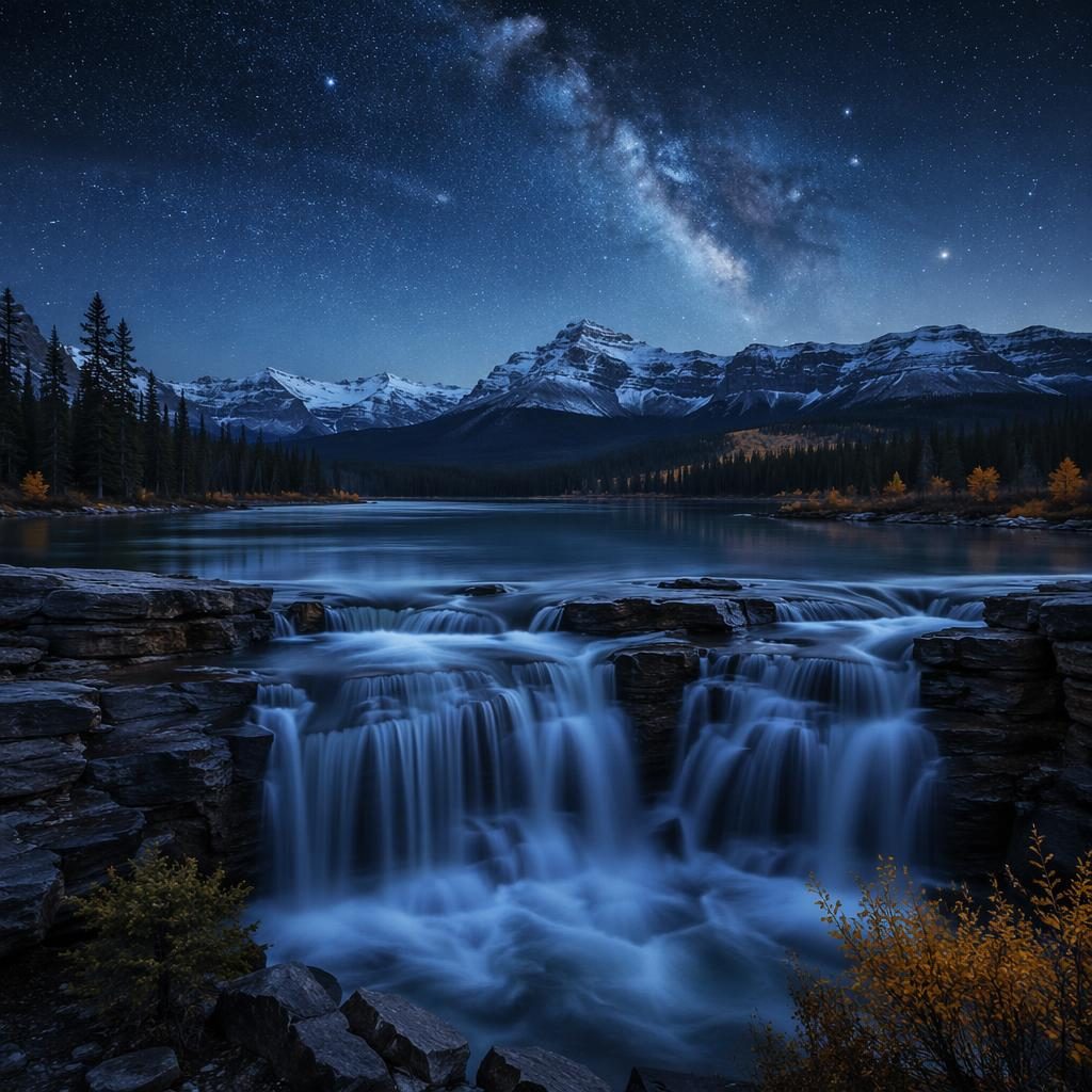 Lac des Rocheuses canadiennes en automne avec cascade, montagnes, ciel étoilé et voie lactée aux tons bleus argentés.