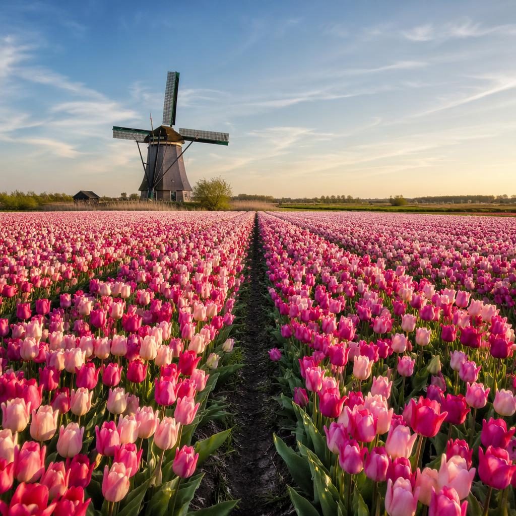 Rows of colorful tulips across a Dutch field under clear midday light with a wide sky and vivid natural detail