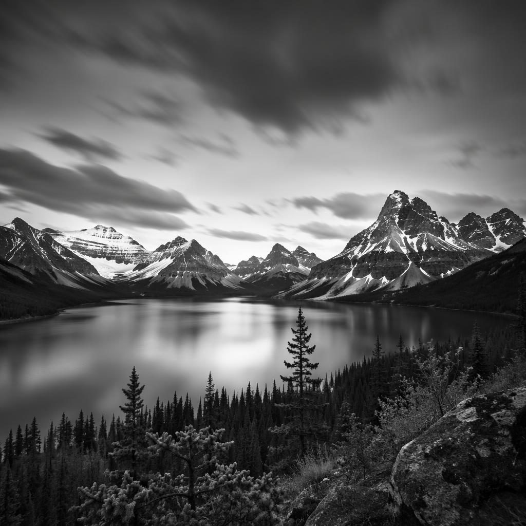Schwarzweiß-Landschaft mit sanften Hügeln in der blauen Stunde am türkisfarbenen Lake Louise, dramatisches Licht