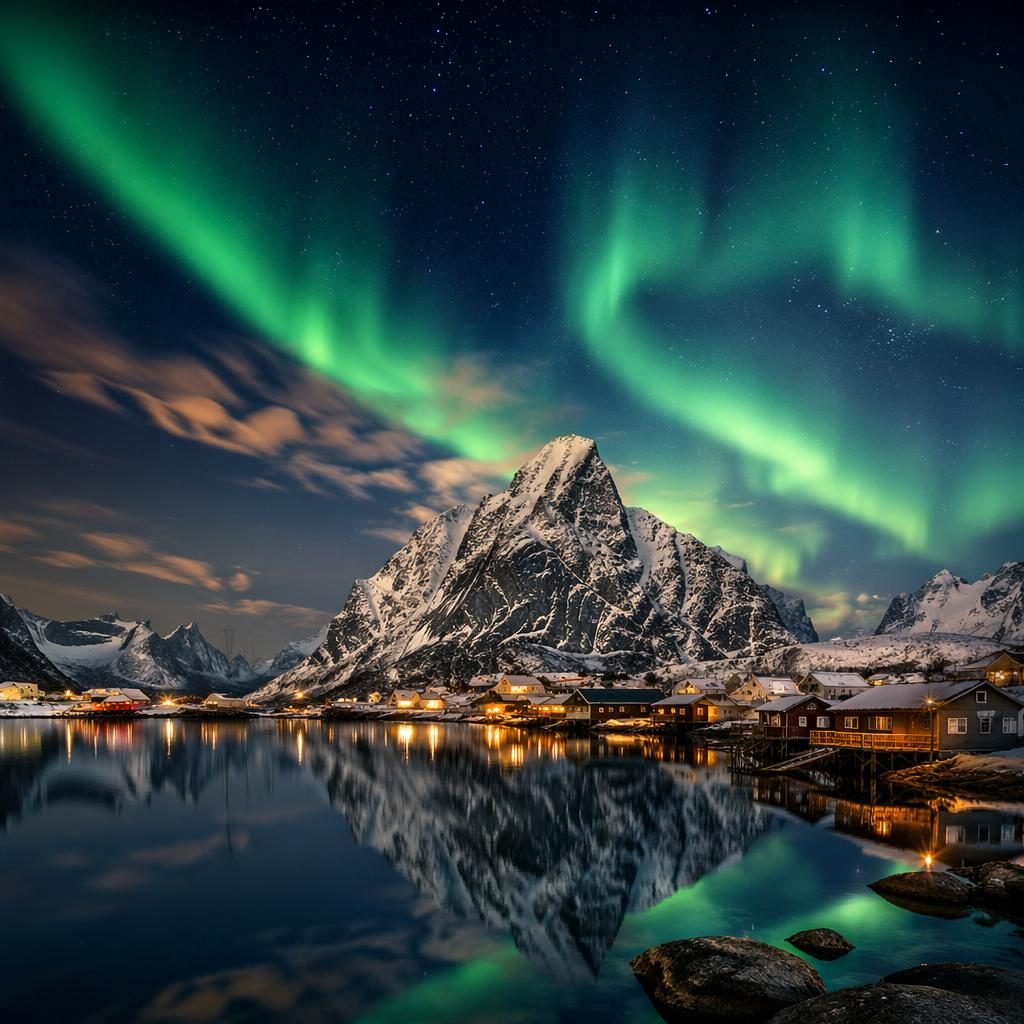 Moonlit lake reflecting aurora over snowy Lofoten Islands in winter, with vivid HDR light and sharp natural detail.