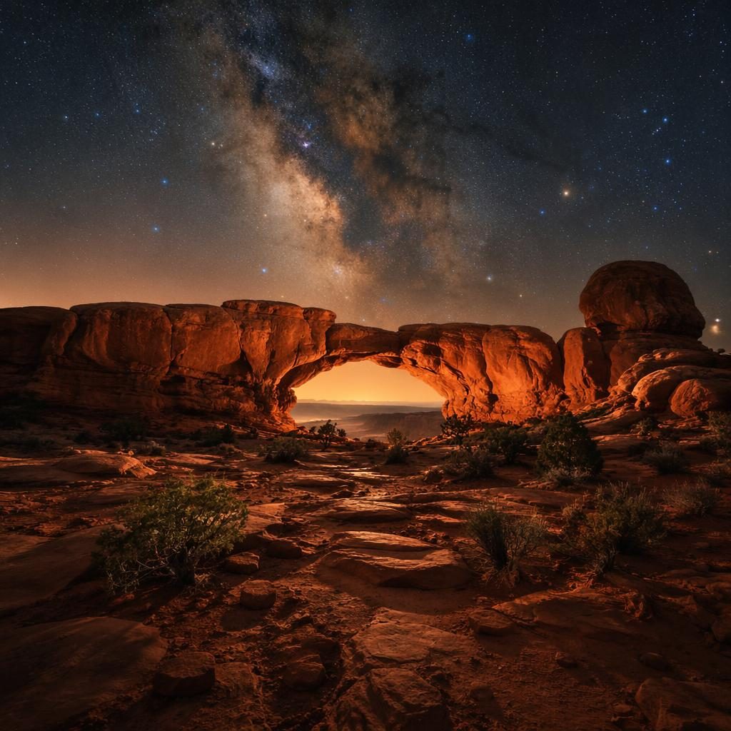 Paysage nocturne à Arches National Park, arche rocheuse ocre sous la voie lactée, lumière printanière et atmosphère cinématographique.
