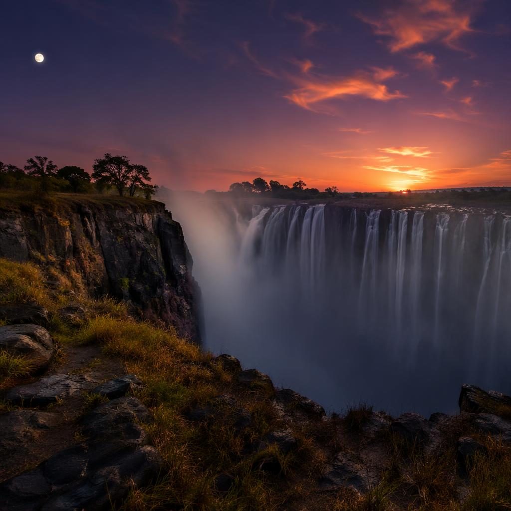Lago con reflejo bajo luna llena, niebla tipo humo de Victoria Falls y luz cálida en paisaje nocturno