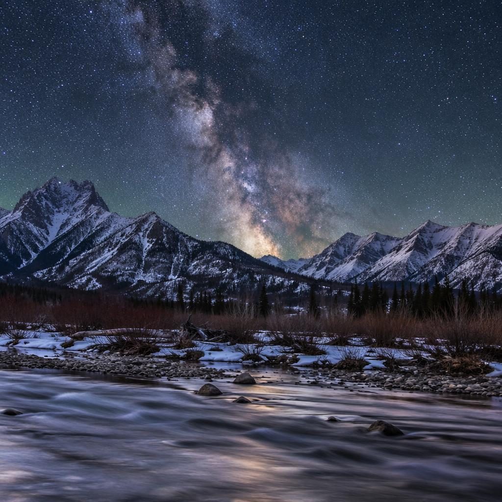 Milky Way over snowy mountains and a winter river valley at dusk with dramatic atmospheric light.