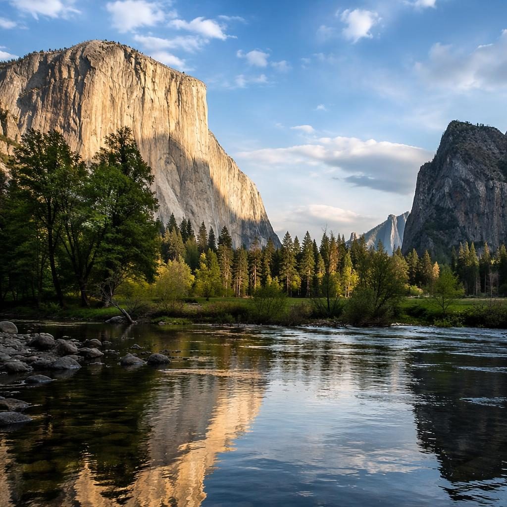 Widescreen view of Yosemite Valley at dawn with El Capitan, soft morning light, clear sky, and sharp natural detail.