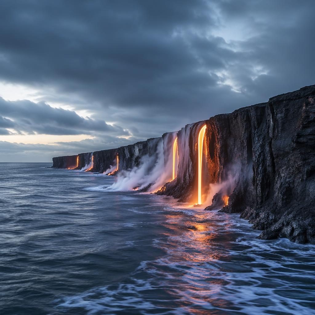 Stormy autumn scene of the Galapagos volcanic coast with dramatic canyon-like cliffs in cool blue and silver light