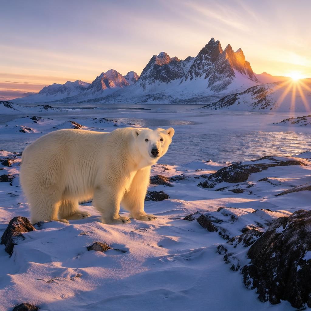 Montagne alpine enneigée au lever du soleil, ciel étoilé, lumière dorée dramatique et paysage hivernal photoréaliste
