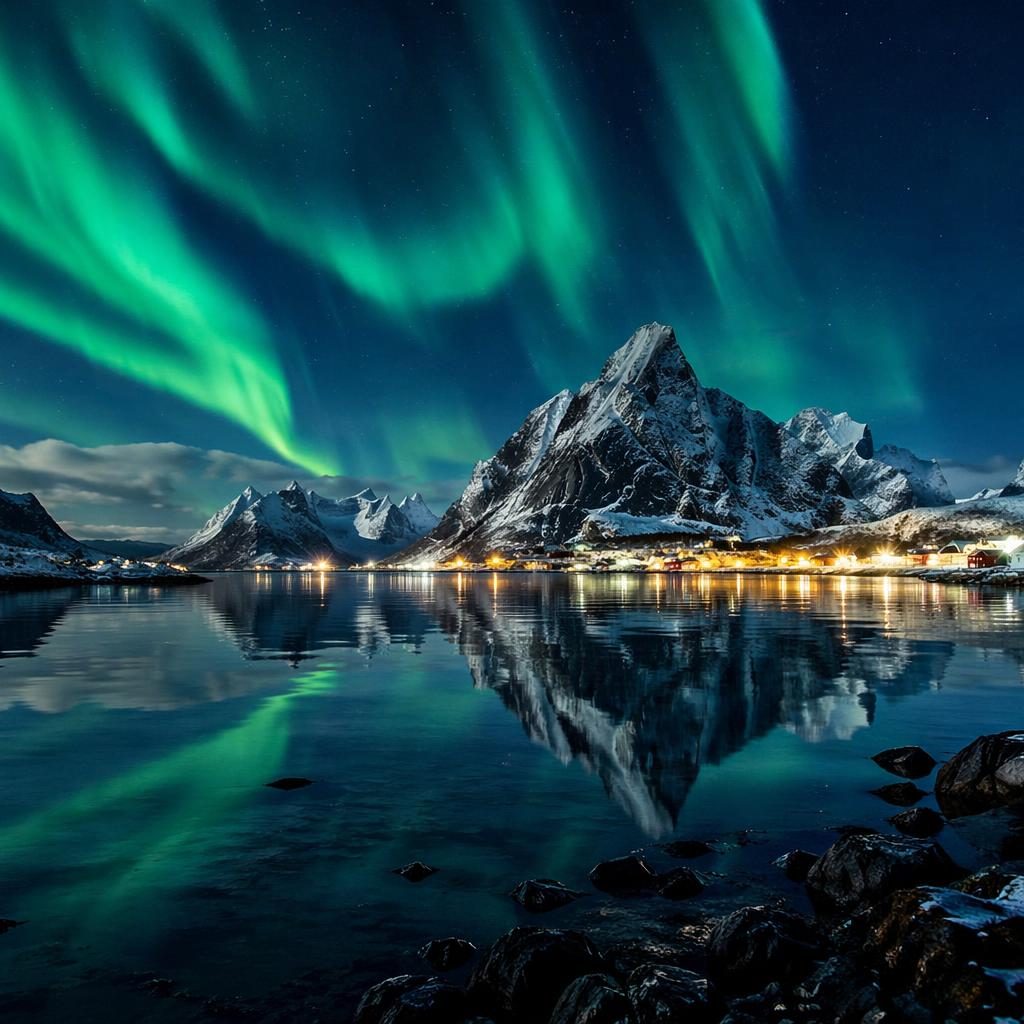 Full moon over a reflective lake in the Lofoten Islands, winter aurora in the sky, snowy peaks, cinematic light.