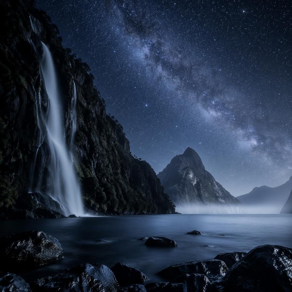 Cascade à Milford Sound sous un ciel étoilé avec la Voie lactée, paysage printanier en noir et blanc bleu argenté.