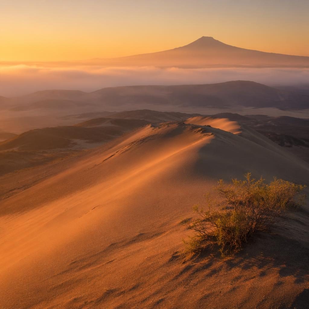 Dunas de arena junto a costa volcánica en Galápagos, con niebla matinal, luz cálida y paisaje sereno sin personas.