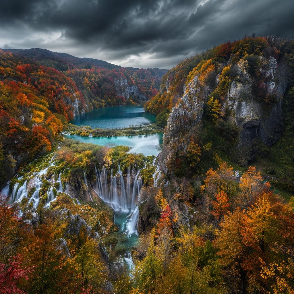 Cañón tipo Gran Cañón con cascadas de Plitvice, luz tormentosa, tonos azules y plateados, paisaje otoñal HDR
