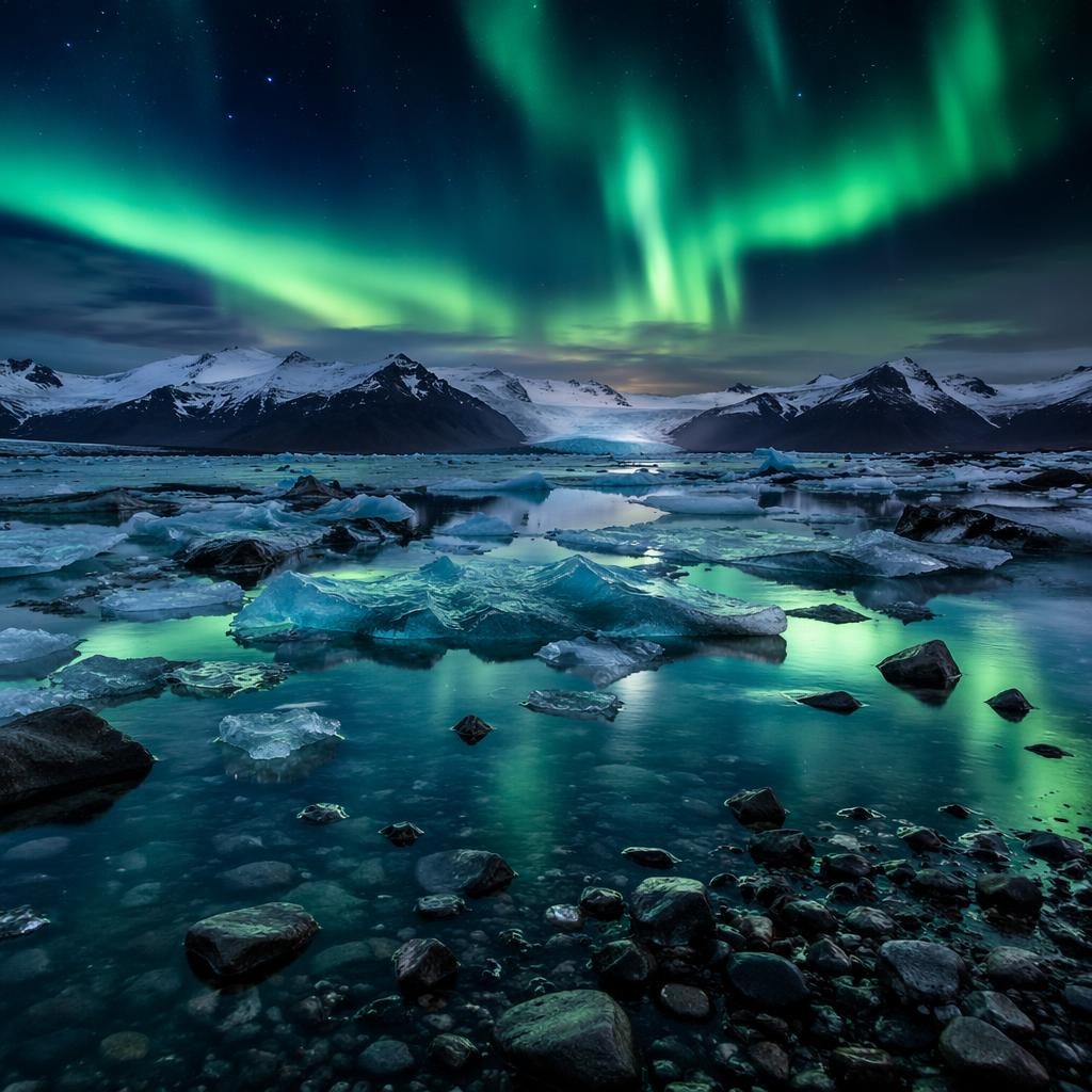Aurora over an Iceland glacier at blue hour, with volcanic terrain, dramatic twilight light, and sharp reflections