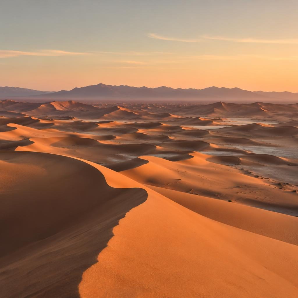 Photoreal desert landscape of Sahara dunes at dawn with soft pastel light, smooth sand ridges, and a serene sky