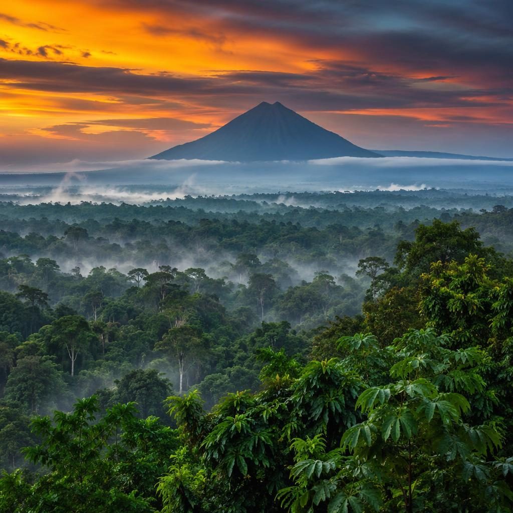 Photoreal Amazon rainforest canopy with soft mist at blue hour twilight, lush tropical foliage and dramatic atmospheric light