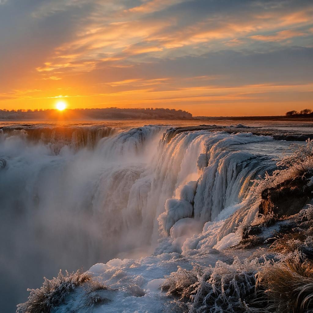 Panorama der Iguazú-Fälle mit eisiger Winterstimmung, goldenem Morgenlicht und weicher, malerischer Atmosphäre