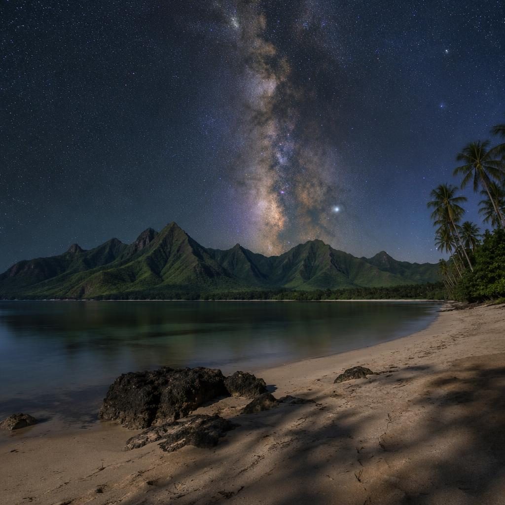 Milky Way above mountains and a tropical beach with clear water, natural earth tones, and sharp photoreal detail.