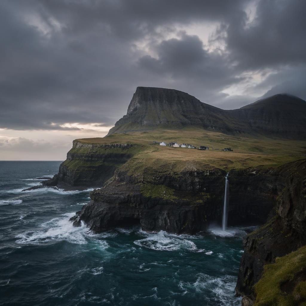 Stormy Faroe Islands sea cliffs at golden hour sunset with dramatic clouds, muted pastel light, and sharp mountain detail