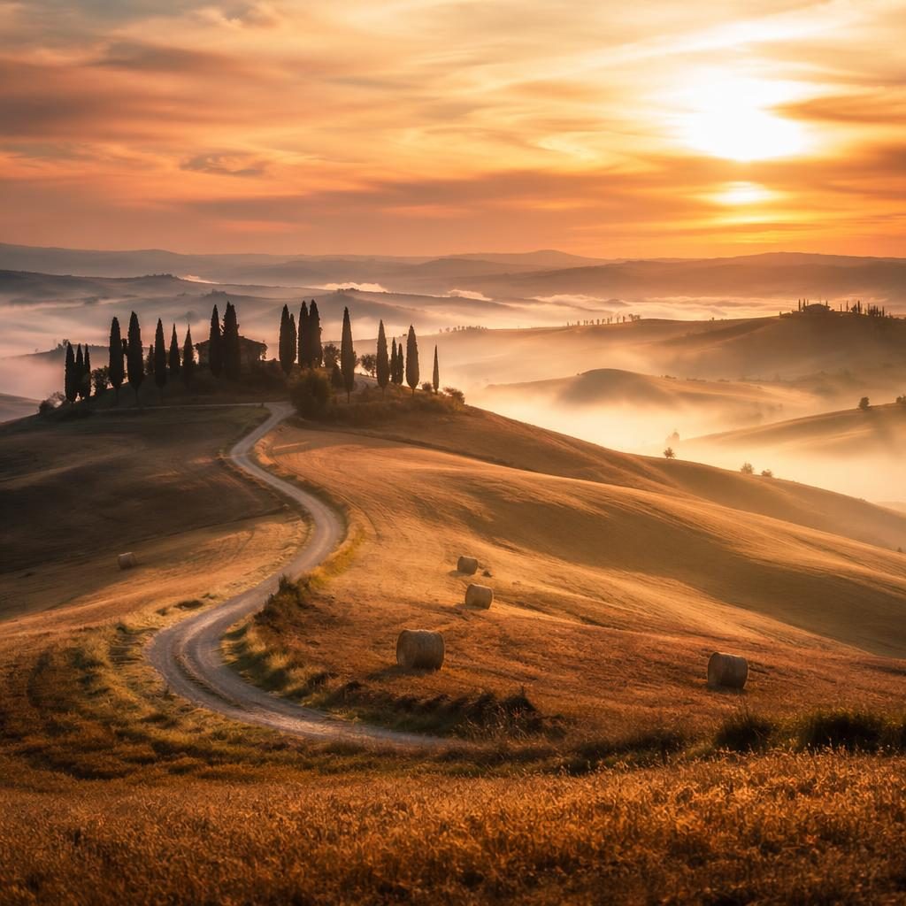 Photoreal Tuscan hills at sunset with cypress trees, foggy meadow and wildflowers, serene dramatic light