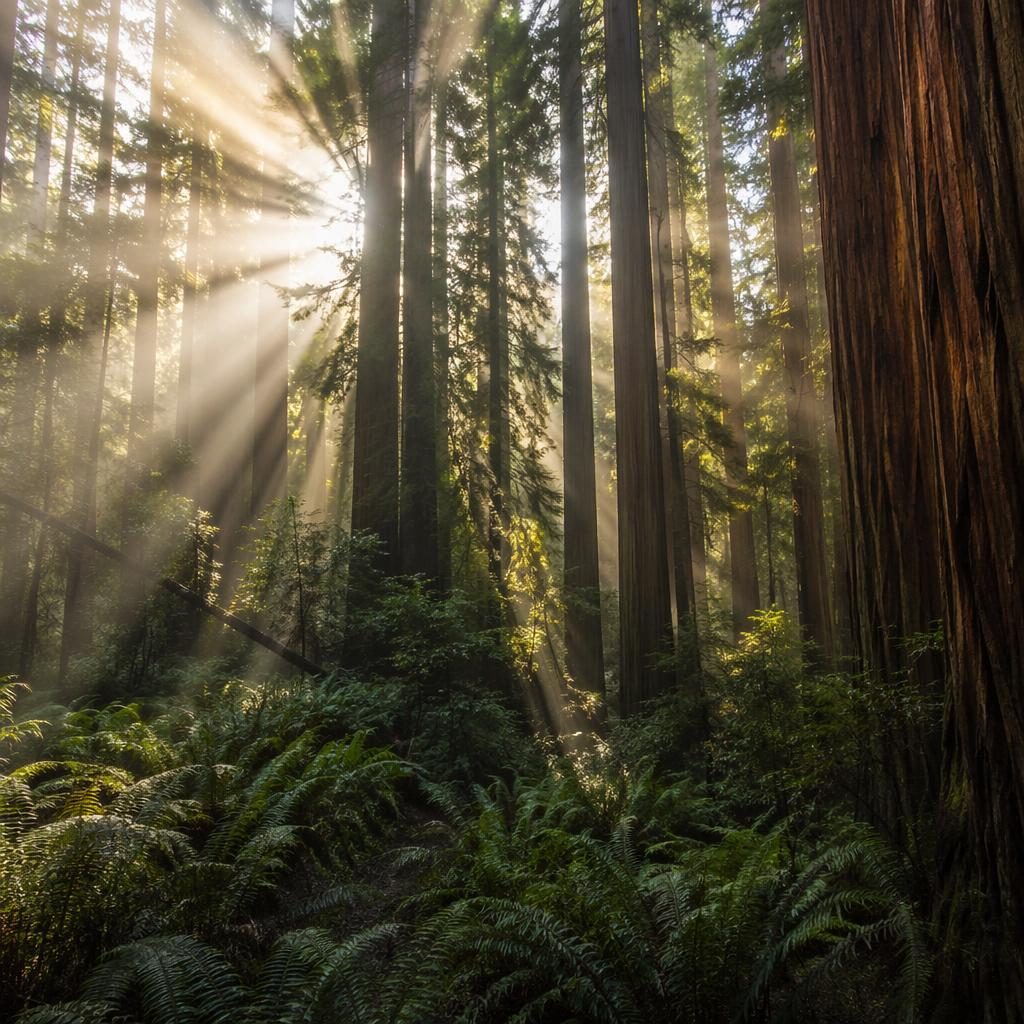 Sunbeams filtering through a redwood forest with misty morning haze, vivid green foliage, and sharp natural light.