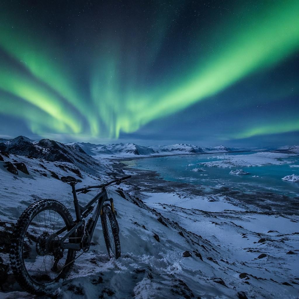 Green aurora over an Iceland glacier at dusk, with snowy forest edges and cool blue atmospheric light