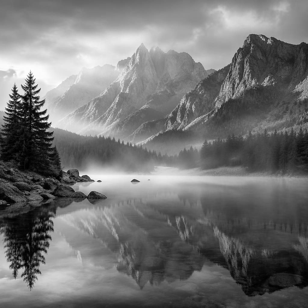 Black-and-white landscape of a misty alpine lake at dawn with soft overcast light and dramatic mountain atmosphere.